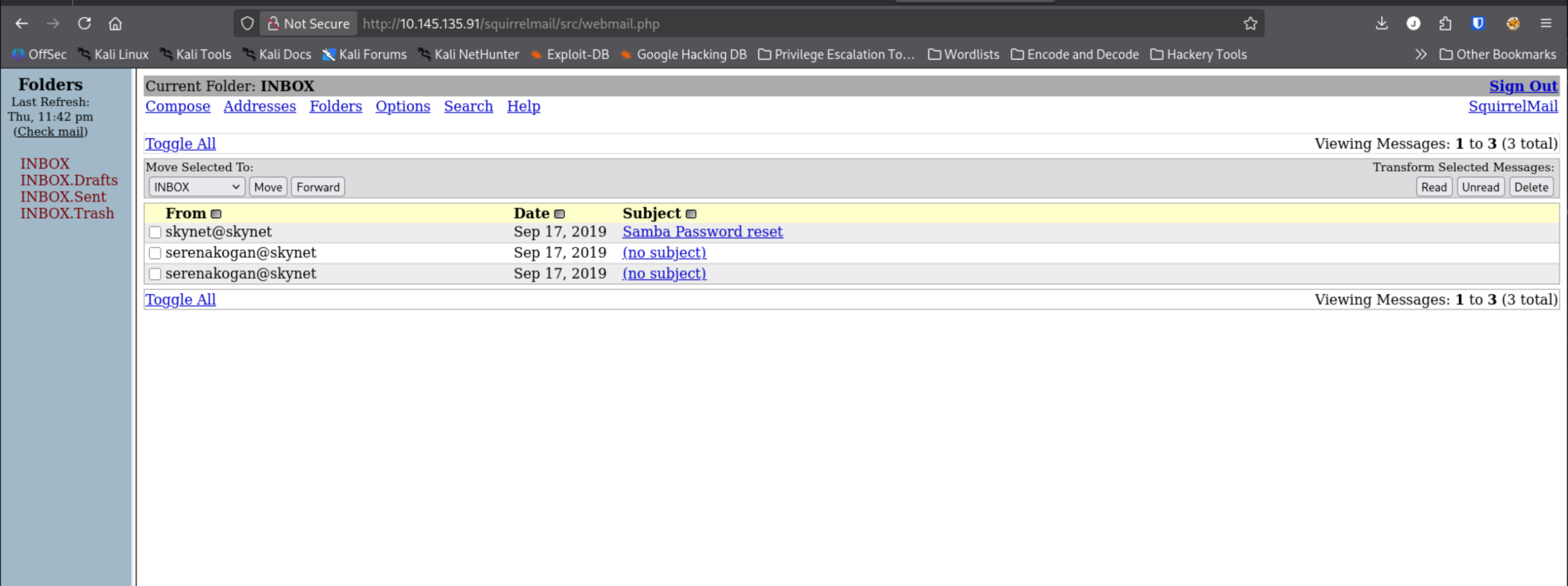 Squirrelmail inbox for milesdyson after successful login